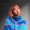Fleckit Женский полосатый рулон шеи джемпер свитер с вышивкой Письмо ленивый водолазки негабаритные бугорки негабаритные