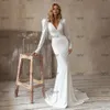 Beach Mermaid Wedding Dresses Glamorous Satin Mermaid 2022 V-neck Embroidery Long Sleeve Vestido De Noiva Princess Bridal Gown