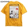 Gonthwid japonais ukiyo chat vague imprimé streetwear t-shirt t-shirts été hommes hip hop casual manches courtes tops t-shirts mâles t-shirts 220314