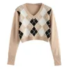 Zaful mulheres argyle colheita suéter v pescoço manga comprida pulôver elegante malha tops suéter top moda outono outwear 20128
