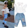 US Warehouse US Stock Fashion Toddler Girls Kids 2-6 Years Clothes Set Off Shoulder Tops Denim Pants Jeans Outfits Set Clothes 1-6Y