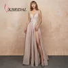 VKbridal Homecoming Dresses with Pocket V neck Sparkle A-Line Prom Party Gowns Long for Girls Plus High Slit Evening Dress 201113