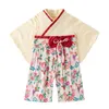 Bebek Kız Kimono Bebek Giysileri Japon Romper Baskı Kimono Çiçek Baskı Kırmızı Yay Kawaii Giyim Toddler Kız Giysileri Çocuklar Kıyafet G220218