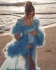 イリュージョンセクシーな女性ブルーチュールイ​​ブニングドレスフルスリーブ衣装プッシープフィーカスタムメイドパーティーガウン