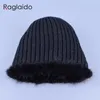 Raglaido Pompom Real Mink Fur Hats för kvinnor med rävpäls Pompoms stickade vintermöss Cap Thicken Brand Cap LQ11192 Y200102