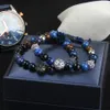 Blue CZ Panther Bracelets Wholesale 8mm Natural Stone Beads With Leopard Macrame Bracelet Stainless Steel Jewelry For Man