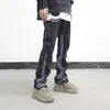 High Street Washed Color Match Frayed Micro-flared jeans Herr Raka Skarvade Retro Lösa Casual Denim Byxor Hip Hop Byxor