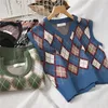 Estilo formal de malha colete mulheres tricotadas argyle sweater colete sem mangas xadrez cintura outono curto outwear chalecos para mujer 201214