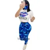 Women Tracksuits Two Pieces Set Designer 2021 New Slim Fashion Pattern Printed Short Sleeve Round Neck Top Trousers with Mask Spor6739252