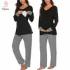 Vêtements de maternité Pyjama d'allaitement Ensemble à manches longues T-shirt Tops Pantalon rayé Vêtements de nuit d'allaitement Pyjama d'hôpital Comfy Home LJ201118