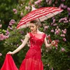 Elegant Fashionable 16-Bone-Striped Lace Sunshade Pagoda Umbrella for Weddings Bridesmaid Parasol Semi-Automatic Dual-Purpose