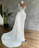 Elegant White Mermaid Wedding Dress With Detachable Skirt Lace Pearls Ruched Overskirt Bridal Gowns High Neck vestido de novia Saudi Arabia Turkey CG001