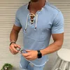 Mens V Neck Lace Up T Shirt Slim Fit Solid Short Sleeve Tshirt Summer High Street Casual Cotton Tops