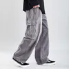 Mens Corduroy byxor Old School Multipocket last byxor manlig casual tjock baggy rak elastisk wideleg svart pant5592144