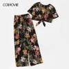 COLROVIE Plus Size V Neck Surplice Floral Print Blouse With Pants Women Boho Two Piece Set Summer Clothes Holiday Outfits LJ201117