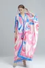 Women's Runway Dresses Sexy V Neck Ruched Loose Design Single Breasted Printed Fashion High Street Long Robes Vestidos