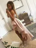 Modern Sweetheart Lace High Low Homecoming Dress pale Pink Short Prom Cocktail Dresses With Satin Detachable Train