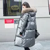 Moda inverno donna lungo lucido grande pelliccia argento piumini cappotto con cappuccio piumino parka giacca invernale spessa donna capispalla 201123