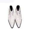 Men Luxury Fashion Ankle Boots Genuine Leather Prom Nightclub White Dress Shoes Pointed Oxford Men Party Rivets Boots