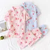 2021 Japansk stil Enkel Kort Kvinnor Kvinna 100% Bomull Gaze Short Sleeve Byxor Damamas Pyjamas Suit Cute Pyjamas Sätter hem X0526