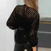 Sexy zwarte vrouwen mesh pure blouses dames lange mouw gestreepte voorhuid transparante shirts Blusas mujer camisas H1230