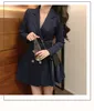 2021 Red A Line Blue Women Dresses Double Breasted hacked Collar Blazer Dress Solid Chic Office Lady V Neck Spring Fall Elegant Mini Dress