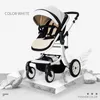 Luxury Baby Stroller 3 in 1,2020 New PU leather baby stroller and car seat, High Landscape Portable Pushchair,white pram1