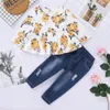 Baby Girl Winter Clothes Girl Baby Turnits Long mange à manches florales à manches longues Top Retro Ripped Jeans Kids tenue LJ201221