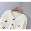 Sweet Cute Kawaii Pink Cherry Embroidery Women Autumn Knitted Cardigan Tops Chic Vneck Singlebreasted Sweaters 201130