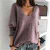 Camisolas femininas mulheres casuais de malha outono inverno solto tops desgaste mangas compridas em v-pescoço de cor pura jumper jumper femme pulôver