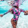Långärmad baddräkt blommig badkläder tropisk tryckt monokini rygglös flamingo baddräkt bodysuit bain t200114