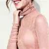 Womens 메쉬 밝은 실크 티셔츠 패션 트렌드 긴 소매 높은 목 섹시 탑 티 디자이너 여성 봄 캐주얼 슬림 바닥 셔츠 셔츠