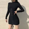 Tie Up Bandage Black Bodycon Dress Autumn Basic Long Sleeve Knitted Mini Dresses Ladies Skinny Casual Winter Fashion