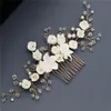 Trendig brud handgjord polymer lera blomma med pärla kristall hår kam bröllop huvudbonad brud huvuddel ornament j0121