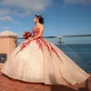 Розовое золото шампанское quinceanera платье мяч милая кружевная аппликация бусины блестеть длина пола сладкий 16 Prom Princess Princess