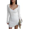 Spring/Summer Long Sleeve V-Neck Split Ribbed Mid-Length Knit Dress Women's Dress Temperament Holiday Skirt CX220228