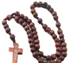 Retrostil Män Kvinnor Katolsk Kristus Trä Rosary Bead Cross Pendant Woven Rope Necklace 2021