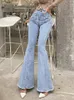 Bleu ciel taille haute corne jeans femmes élastique sexy jeans skinny à la mode polyvalent long slim pantalon évasé épissage et coupe 201223