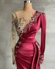 Formal Dark Red Mermaid Evening Dresses Beaded Crystals Sheer Neck Prom Dress Long Sleeves Modest Party Second Reception gowns