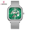 Square creative fashion new automatic hollow mechanical watch men's genuine waterproof mechanical watch men (Green Belt 304L)