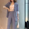 Vintage Double Breasted Dames Pant Suit Drie Quarter Kleped Blazer Jas Hoge Taille Broek 2020 Summer Office Draag Dameskleding