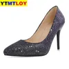 Robe chaussures 2021 printemps automne femmes pompes sexy noir argent talons hauts mode bout pointu fête de mariage tissu pailleté été1