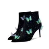Hot Sale-Butterfly Appliqued Ankle Boots Pointed Toe Stiletto High Heel Black Suede Leather Shoes Formal Ladies Winter Party Shoes