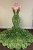 2022 Sparkly Sequin Olive Green Mermaid African Prom Dresses Black Girls Long Graduation Dress Plus Size Formal Evening Gowns3359