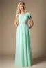 Mint Beaded Chiffon Modeste Bruidsmeisjes Jurken met Cap Mouwen Lange A-Lijn Bruiloft Gasten jurken Formele avond Maids of Honour Jurken