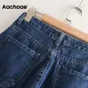 aachoae women Streetwear Pleated Mom Jeans High WAISTルーズ前かがみのポケットボーイフレンドパンツカジュアルレディースデニムズボン220216