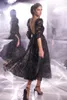 2021 Black Lace aftonklänningar Sparkly paljetter TEA LÄNGD En linje Sexig rygglös med 3/4 långa ärmar Custom Made Prom Party -klänningar Vestidos 403 403