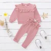 Vestiti della ragazza dei più piccoli 12 18 mesi Autunno Baby Girl Outfits Camicia a maniche lunghe rosa Top Pantaloni arruffati Set LJ201223