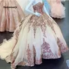 Rose Gold Sparkly Quinceanera Prom Dresses 2022 Modern Sweetheart Lace Applique Sequins Ball Gown Tulle Vintage Evening Party
