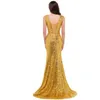 2022 Glitter Bright Gold Sequined Mermaid Evening Klänningar för Kvinnor Ärmlös V Neck Lång Formell Party Gowns Elegant Glänsande Lady Prom Klänning Särskilt tillfälle Slitage